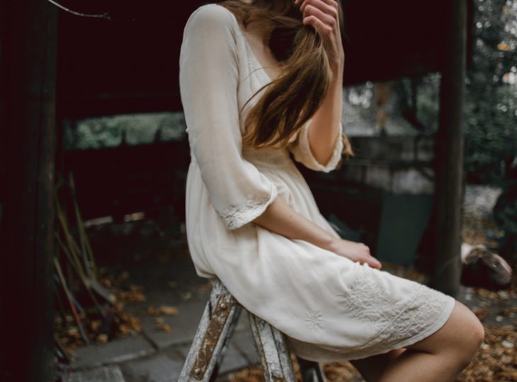 Attractive girl in vintage dress doing various activities